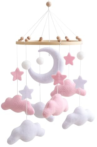 Mobile Babybett Bettglocke 45x23cm Mobile Baby Windspiele Holz Mit Filzbällen Mond Sterne Wolken Bettglocke Anhänger Für Babybett Laufstall Wickeltisch Babyzimmer Deko Erstausstattung Neugeborene