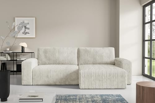 Furnisell FANO Cord Ecksofa mit Schlaffunktion und Bettkasten, Schlafsofa mit 204 x 132 cm Liegefläche (Beige)