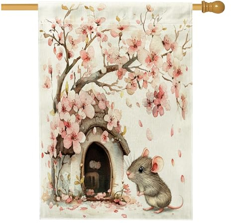 Spring Rat Mouse House Flags 71,1 x 101,6 cm, doppelseitig, lustige Blumenhütte, Standard-Sackleinen, Heimflaggen, Tier-Hinterhofflaggen, Outdoor-Dekoration