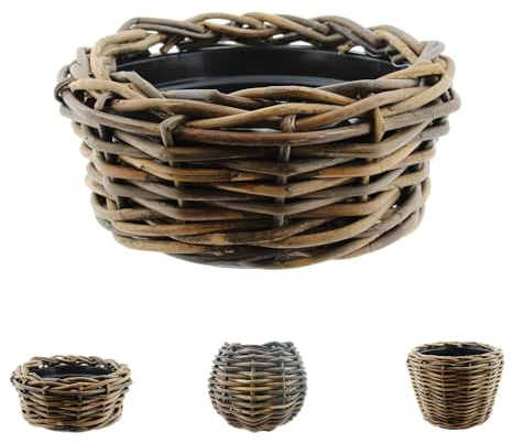 Rattan Pflanzkorb - Pflanzkübel - Rustikale Blumenkübel mit praktischem Kunststoffeinsatz - Handgeflochtene Rattan-Schale Braun - Wetterfester Übertopf für Innen & Außen (Braun, ⌀ 40 cm Höhe: 20 cm)
