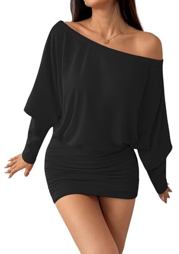 Zesoyne Women's Off Shoulder Batwing Sleeve Mini Dress | Ruched, Bodycon Fit, Sexy Party Clubwear, Casual Short Dress for Night Out, Dates