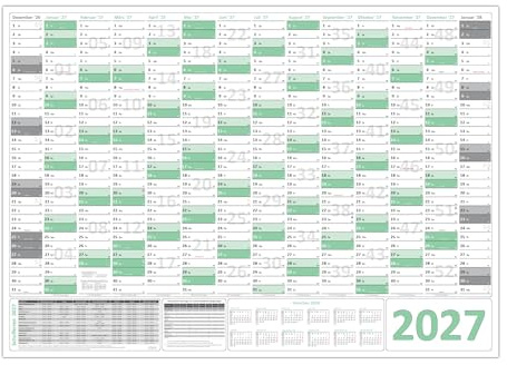 Green Wandkalender/Wandplaner 2027 (gerollt) Classic1 DIN A0 Format (841 x 1189 mm) 14 Monate, Ferientermine sehr groß im DIN A0 Format (841 x 1189 mm) Jahreskalender sind gerollt
