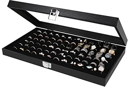 JackCubeDesign Jewellery Ring Display Organiser Storage Box Case Tray Holder with 72 Slot Ring Display(Black, Inside Black Velvet, 37.3 x 21 x 5 cm)- :MK248A