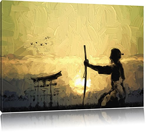 Pixxprint Alter Samurai-Meister vor Horizont Kunst Pinsel Effekt, Größe: 80x60cm, Leinwandbild, fertig gespannt, Wandbild, Dekoration, Kunstdruck, kein Poster