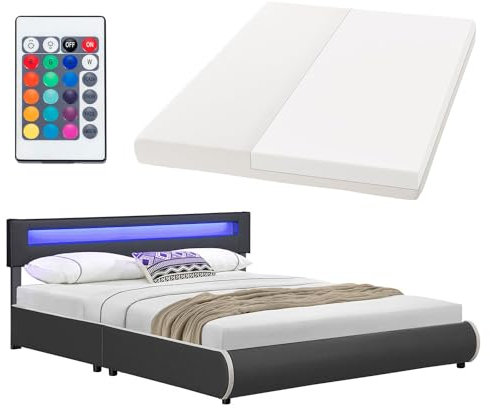 Juskys Polsterbett Sevilla 180x200 cm mit Matratze, LED Beleuchtung, Lattenrost & Kopfteil - Holz & Kunstleder - 16 Farbeinstellungen & Fernbedienung - Bett Bettgestell Doppelbett - Grau