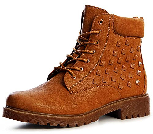 topschuhe24 1209 Damen Worker Boots Stiefeletten Schnürer Nieten, Farbe:Camel, Größe:39 EU