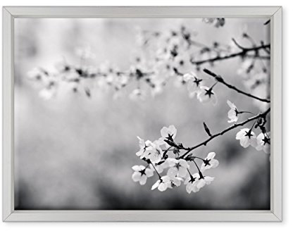 QUADRO SU TELA CANVAS INTELAIATO - CON CORNICE - Fiori di Pesco - Foto bianco e nero - Fiori Rosa - 30x40cm - Stile Moderno Bianco - (cod.3614)