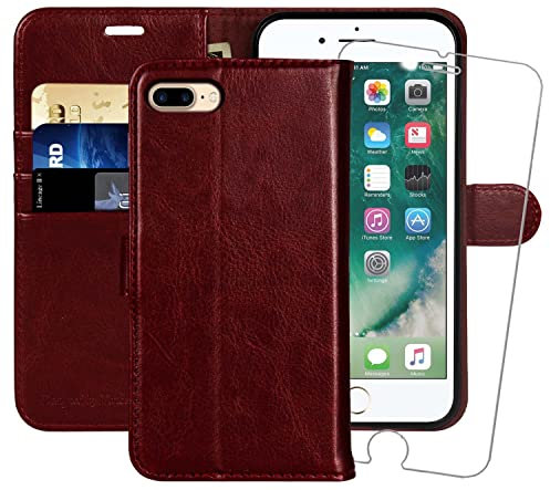 MONASAY Funda tipo cartera para iPhone 7 Plus / iPhone 8 Plus, 5.5 pulgadas [protector de pantalla de vidrio incluido] Funda de cuero con tapa para teléfono celular con tarjetero de crédito, color