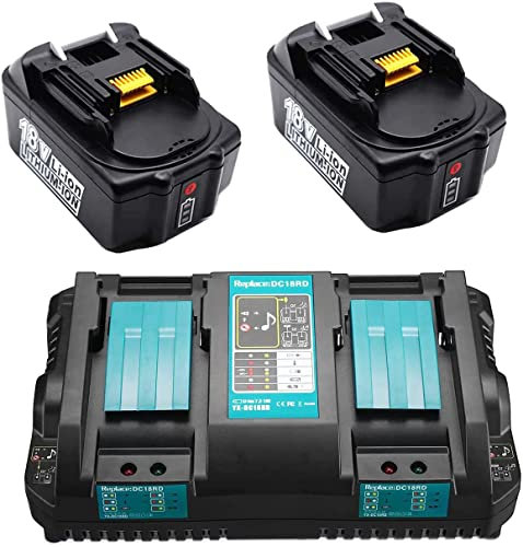 GOLEMON® 5,0Ah 18V BL1850B Akku mit DC18RD Dual Ladegerät Ersetzen für Makita BL1830 BL1840 BL1850 BL1860 LXT400 Batterie (2X 5.0AH AKKU & Doppel Ladegerät)