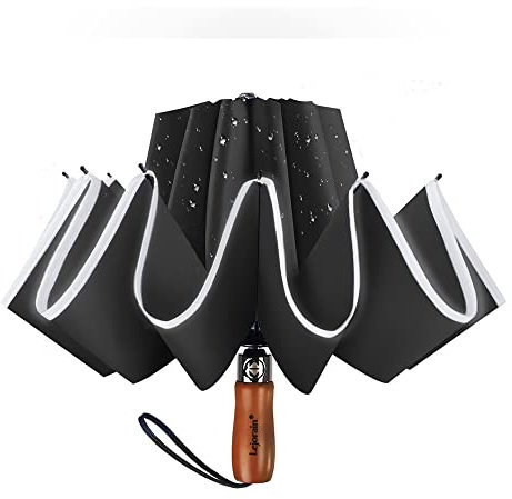 Großer Umkehr-Regenschirm, 127 cm, Winddicht - Klein Kompakt Sturmfest - Damen Herren Taschenschirm - Automatischer Faltschirm Mit Reflektorstreifen (Black)