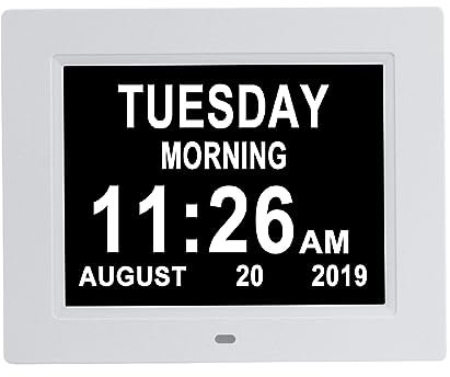 Aowasi [Auto-Dimm-Optionen] Digitaler Tageskalender-Uhr ohne Abkürzungen mit großer Datumszeit, 8 Alarmoptionen, Batterie-Backup, Demenz, Gedächtnisverlust, ältere Menschen