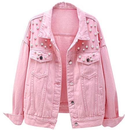 LifeShe Veste en jean brodée pour femme - Rose - Large