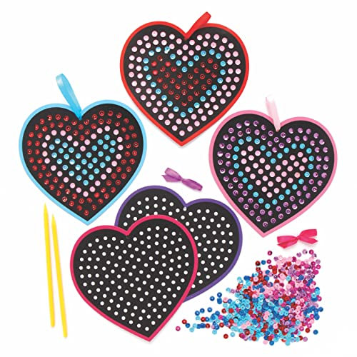 Baker Ross AX717 Herz Paillettenbild Bastelset - 5er Pack, Basteln mit Pailletten für Kinder, ideal für Bastelgruppen oder zu Hause