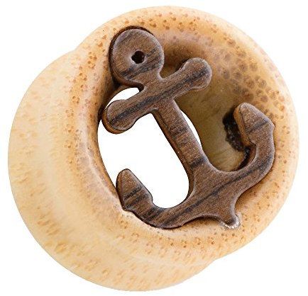 Taffstyle Ohr Plug Flesh Tunnel Piercing Ohrpiercing Holz Organic Rockabilly Anker Inlay Braun 14mm