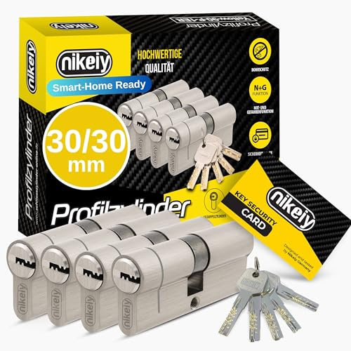 GERCAR Pro+ 4er Set Profil-Zylinder gleichschließend 30/30 - N+G Schließzylinder mit Not- und Gefahrenfunktion - Zylinderschloss mit Bohrschutz und 10 Schlüssel mit CodeCard | 60 mm | A:30 B:30 | 4 x