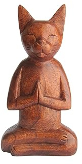 Brave Wings Handgeschnitztes Holztier ~ Meditierende Katze ~ OOAK Skulptur Figur Statue Einzigartige Tischdekoration Home Decor Geschenk für Weihnachten und Geburtstag ~ 4126