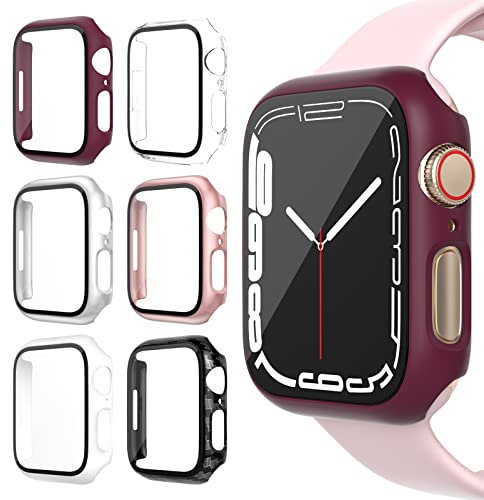 DULIPING 6-Pack for Apple Watch Series 9/8/7 45mm Screen Protector, Hard PC Protective Case with Tempered Glass All-Around Bumper Cover Compatible with iWatch Series 9/8/7 45mm Accessories