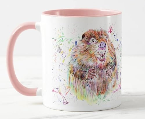 Vixar Beaver Aquarell Kunst Farbige Tasse Tasse Geschenk Geburtstag Arbeit Büro Weihnachten Tee Kaffee (Rosa)