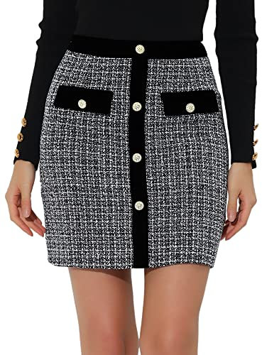 Allegra K Damen Winterrock Hoher Taille Elegant Kontrastfarbe Knopfdekor Tweed Karo Minirock Schwarz XS