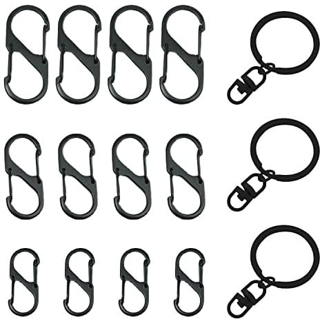 12 Stück S-förmiger schwarzer Karabiner, doppelte Karabinerhaken-Metallschnalle, 50 mm/40 mm/32 mm 8-förmiger Karabiner, Zinklegierungs-Schlüsselanhänger, 3 Stück Schwarze Schlüsselanhänger.