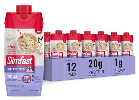 SlimFast Protein Shake, Vanilla- 20g Protein, Meal Replacement Shake Ready to Drink, High Protein with Low Carb and Low Sugar, 24 Vitamins and Minerals, 12 Count (Pack of 1) (Packaging May Vary)