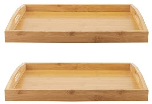 MANCHAP Paquete de 2 bandejas de madera de bambú, 40 x 29 x 5 cm, bandejas rectangulares grandes con asas para comer, desayuno, té, café