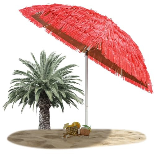 RELAX4LIFE Parasol Plage Hawaïen Inclinable Φ2M, Parasol Paille Tropicale avec 8 Baleines Mât en Fer Bouton d'Ouverture, Parasol Exotique Paille Portable pour Balcon Appartement-Plage-Patio,Rouge