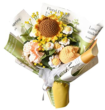 Perfeclan Handgefertigter Gestrickter Blumenstrauß - Gehäkelter Sonnenblumen-Blumenstrauß, Exquisite Zeitungsdekor