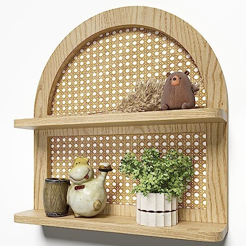 LUDORU Boho-Rattan-Wandregal aus Holz, 2-stöckig, gewölbtes Weidengeflecht, schwebendes Regal, natürliches Holz, rustikales Bauernhaus, Kinderzimmer, Dekor-Regal, Wandmontage, neutrale Handarbeit