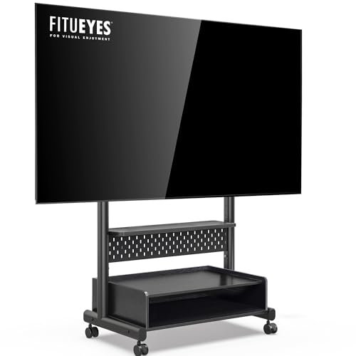 FITUEYES Soporte Alto de TV con Ruedas de Pantallas de 40 a 85 Pulgadas,Mueble TV Móvil de Madera Negro y Tablero Perforado,Soporte de TV pie Altura Ajustable y Gestión de Cable,Serie K