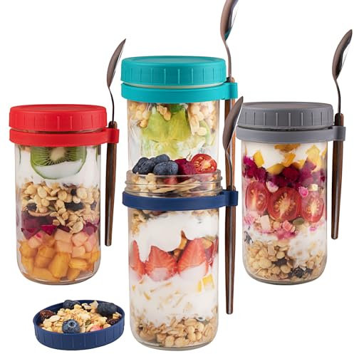 Overnight Oats Jars with Lids and Spoons, 4 Pack Glass Mason Jars with Airtight Lid and Measuring Marks, Large Capacity Glass Bottles for Milk, Cereal, Yogurt, Fruit
