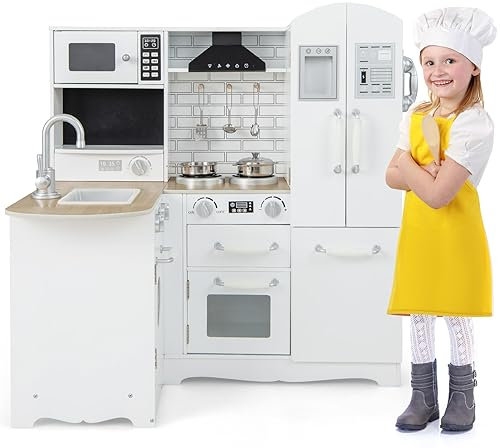 GOPLUS Cocina de Juguete de Madera, Cocinita Infantil con Nevera, Fregadero, Microondas, Lavavajillas, Teléfono, Estufa, Cacerola, Utensilios de Cocina, Criança Cocinitas para Niños de 3+ Años