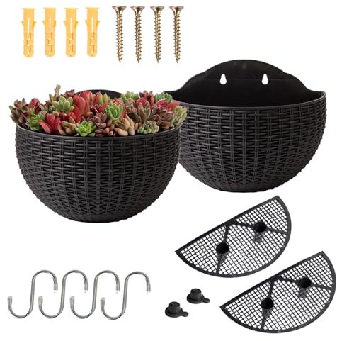 YuanDiann Wandmontage Blumentopf Halbrunder Rattanimitat Hängender Blumenkorb Balkon Innen Außen Garten Deko Pflanzgefäß Blumenampel Selbstbewässerung mit Wasserspeicher Schwarz 2 Pack L