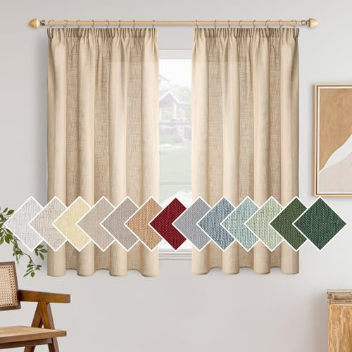 Woaboy Leinen Kruz Gardinen mit Kräuselband Vorhänge Wohnzimmer Leinenoptik Halbtransparent Stores Gardine Schlafzimmer Modern SchlaufenKruz Gardinen 2er Set 140x175cm (BxH) Beige