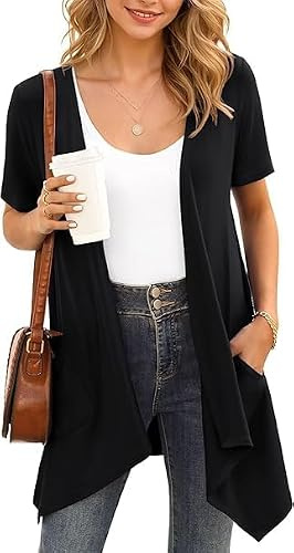 YGJIEGENG, cardigan da donna a maniche corte, aperto sul davanti, maglieria leggera estiva, capispalla tinta unita, cardigan in maglia con tasche (M-3XL), Nero , L