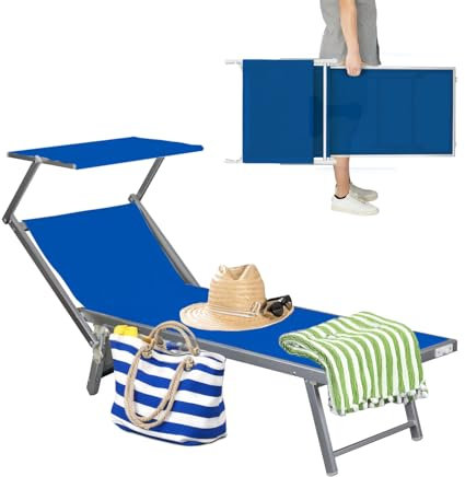 Avilia Lettino Mare Pieghevole con Parasole - Lettino Prendisole Portatile 120 kg, Leggero in Alluminio, Facile da Riporre, per Spiaggia, Giardino, Campeggio - Blu 183x61x38 cm