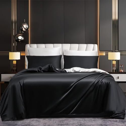 Luowei Parure de Lit 220x240cm Adulte Satin Noir Blanc Parure de Lit 2 Personnes Soie Lisse Douce Brillant Unie Linge de Lit avec Fermeture éclair et Taies d'oreiller 65x65cm