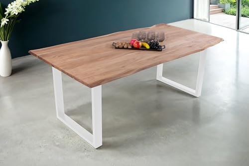 SAM Baumkantentisch 200 x 100 cm Dana, massiver Esstisch Eiche, Esszimmertisch mit U-Gestell aus Metall Weiß, echte Baumkante, pflegeleichter Holztisch