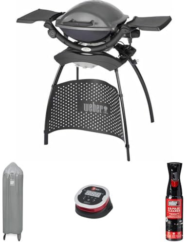 Weber Q1400 Barbacoa Eléctrica, Gris, 52020853 + Weber 7177, Cubierta para Parrilla + Weber iGrill 2-50, 380°C Digital Termómetro de Comida + Weber Cleaner Q & Pulso Limpiador, Negro