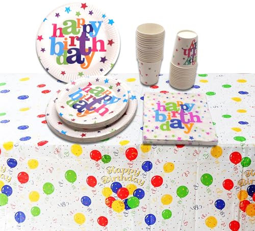 BERRYLION Rainbow Birthday Party Tableware Set 131 Pcs Paper Plates Cups Napkins and Tablecloth Rainbow Birthday Party Decorations Party Supplies for 30 Guests