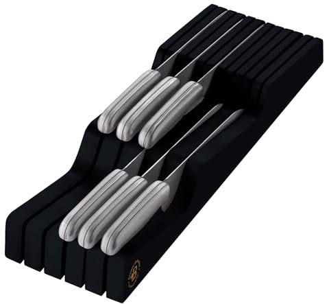 In-Drawer Knife Block - Bamboo Knife Drawer Organizer for Kitchen - Fits 5 Long + 6 Short Knives | Store Knives with Blades Pointing Down - Wooden Steak knife Holder without Knives (Black)