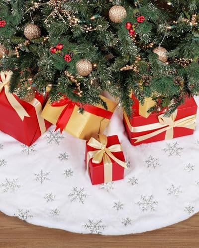 Copri Base Albero Natale 122 cm - Tappeto Bianco in Pelliccia Sintetica con Fiocchi di Neve Argento