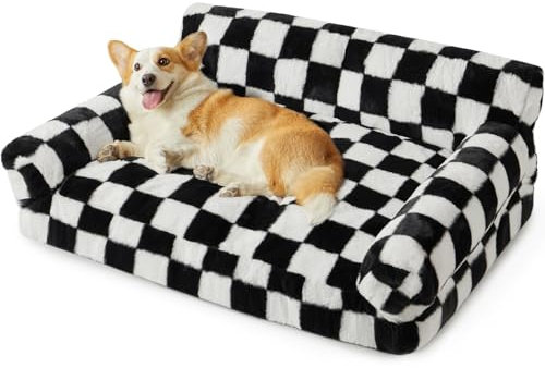 BFPETHOME Großes Hunde-Couchbett, Haustiersofa, Kariertes Hundebett mit waschbarem Bezug (Schwarz & Weiß)
