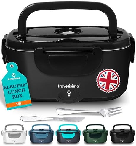 TRAVELISIMO Scaldavivande Elettrico Portatile, 80W 1,5L Porta Pranzo Riscaldabile, 220V/12V/24V Scalda Vivande Portatile Elettrico per Auto Camion e Ufficio – Portapranzo Riscaldabile Portatile
