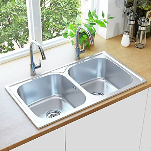 Furniture Select-Fregadero de cocina doble con colador y trampa de acero inoxidable