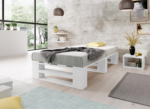 Lermowood Palettenbett M2 aus Holz 90 x 200 cm Weiß mit Lattenrost Holzbett 30cm Stabiles Seniorenbett Kinderbett Jugendbett Gästebett erhöhtes Einzelbett Bettgestell Futonbett Komforthöhe
