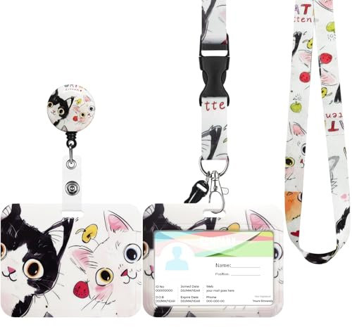 Porte Badge avec Cordon Tour de Cou, Porte-cartes Swivel Lobster Clasp avec Lanières Rétractables pour Cartes d'étudiant d'infirmière, Carte Bus (Chaton-A)
