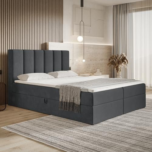 MOTIVENA Santiago Boxspringbett 160x200 mit Bettkasten und Topper, Polsterbett 160x200 mit Bettkasten, Taschenfederkern-Matratze (H3), Visco Memory-Foam Topper (H2), Samt, Grau (Anthrazit)