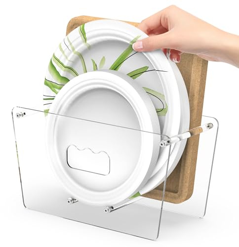 KALYLOC Disposable Paper Plate Dispenser for 5-12 Inches, Space-Saving Plastic Foam Acrylic Plate Dispensers Holder, Countertop Plates Storage Organizer for Cabinet, RV, Party or Outdoor