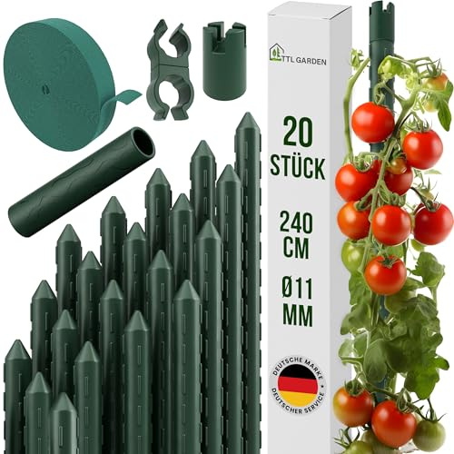 TTL GARDEN Rankstäbe 20er Set 240cm x 11mm Ø grün - Rankhilfe Pflanzstäbe + Klettband + Clips - Stahl rostfrei Kunststoff beschichtet Rankhilfe Blumenstütze Pflanzenstütze -Tomaten Gurken & Blumen
